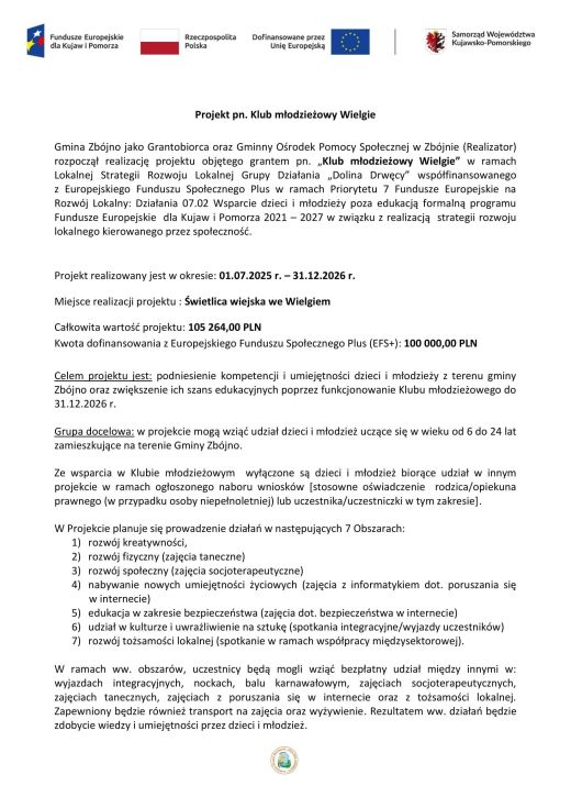 info o projekcie na stronę Klub Młodzieżowy Wielgie-1